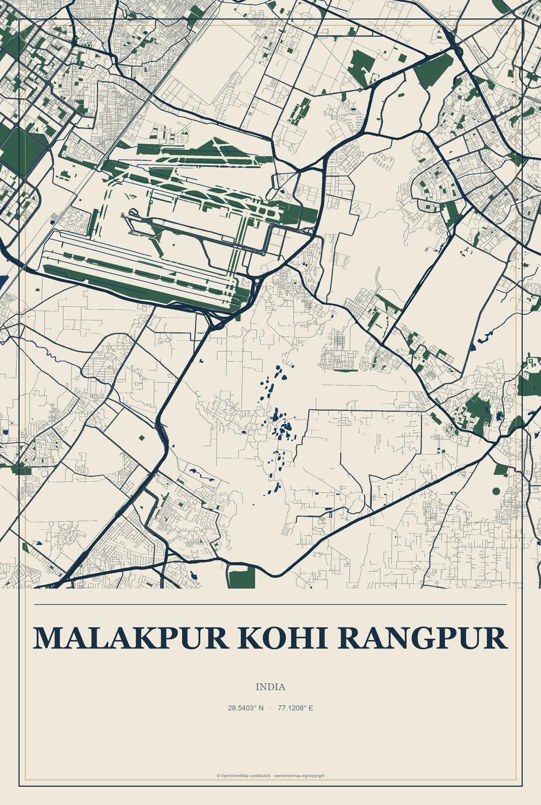 Malakpur Kohi Rangpur, India City Map Aluminum Sign in Coastal Cutout style