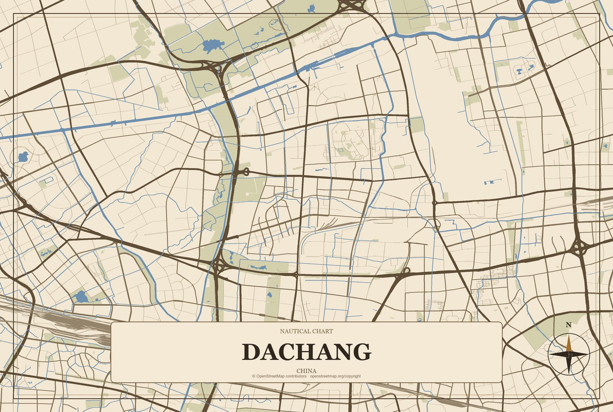 Dachang, Shanghai, China City Map Aluminum Sign in Heritage Nautical style
