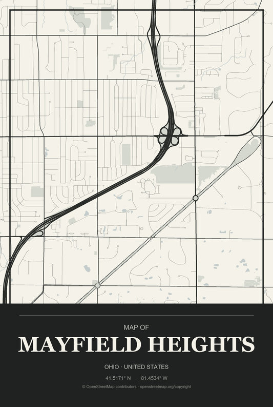 Mayfield Heights, Ohio City Map Aluminum Sign in Museum Plaque style