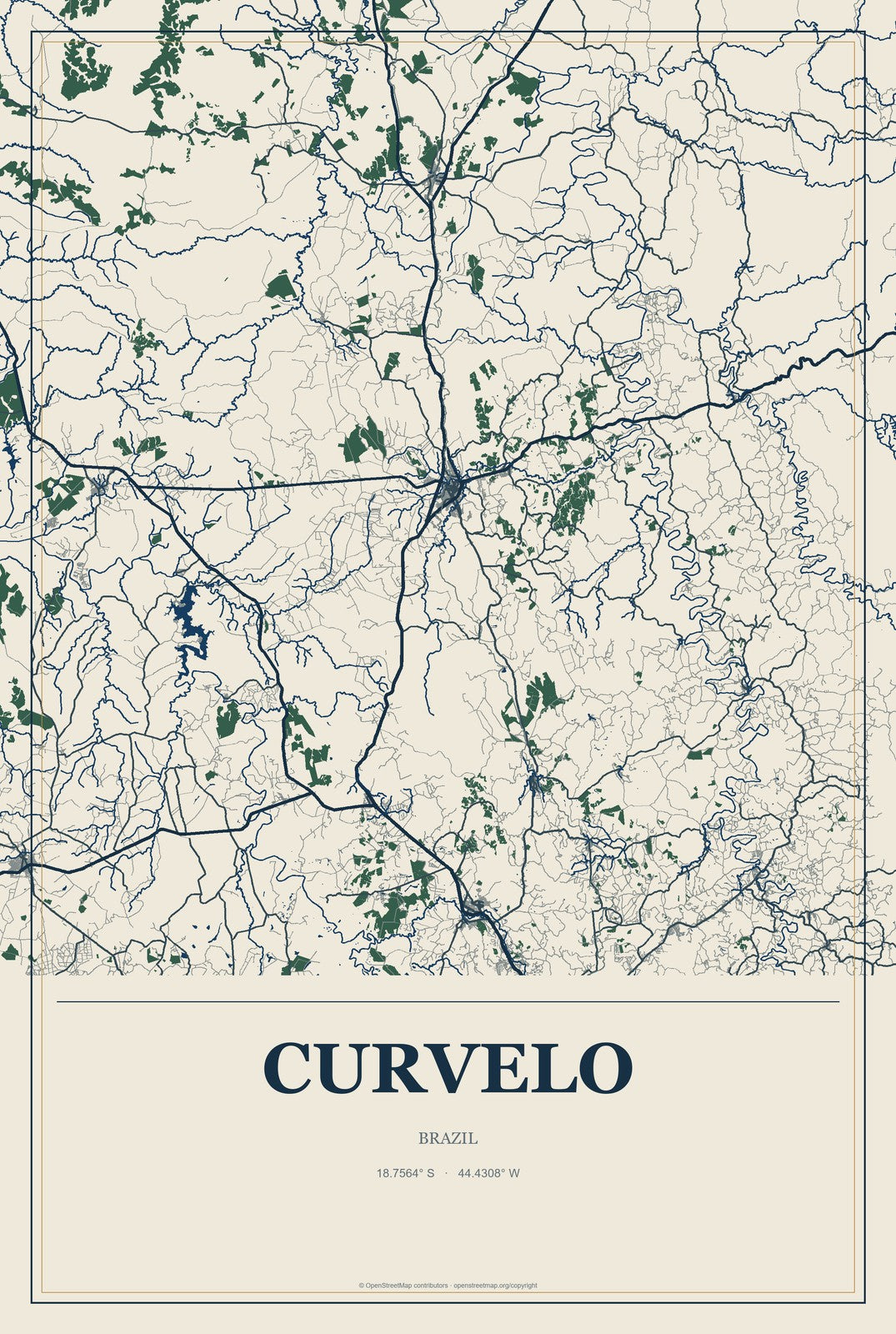 Curvelo, Brazil City Map Aluminum Sign in Coastal Cutout style