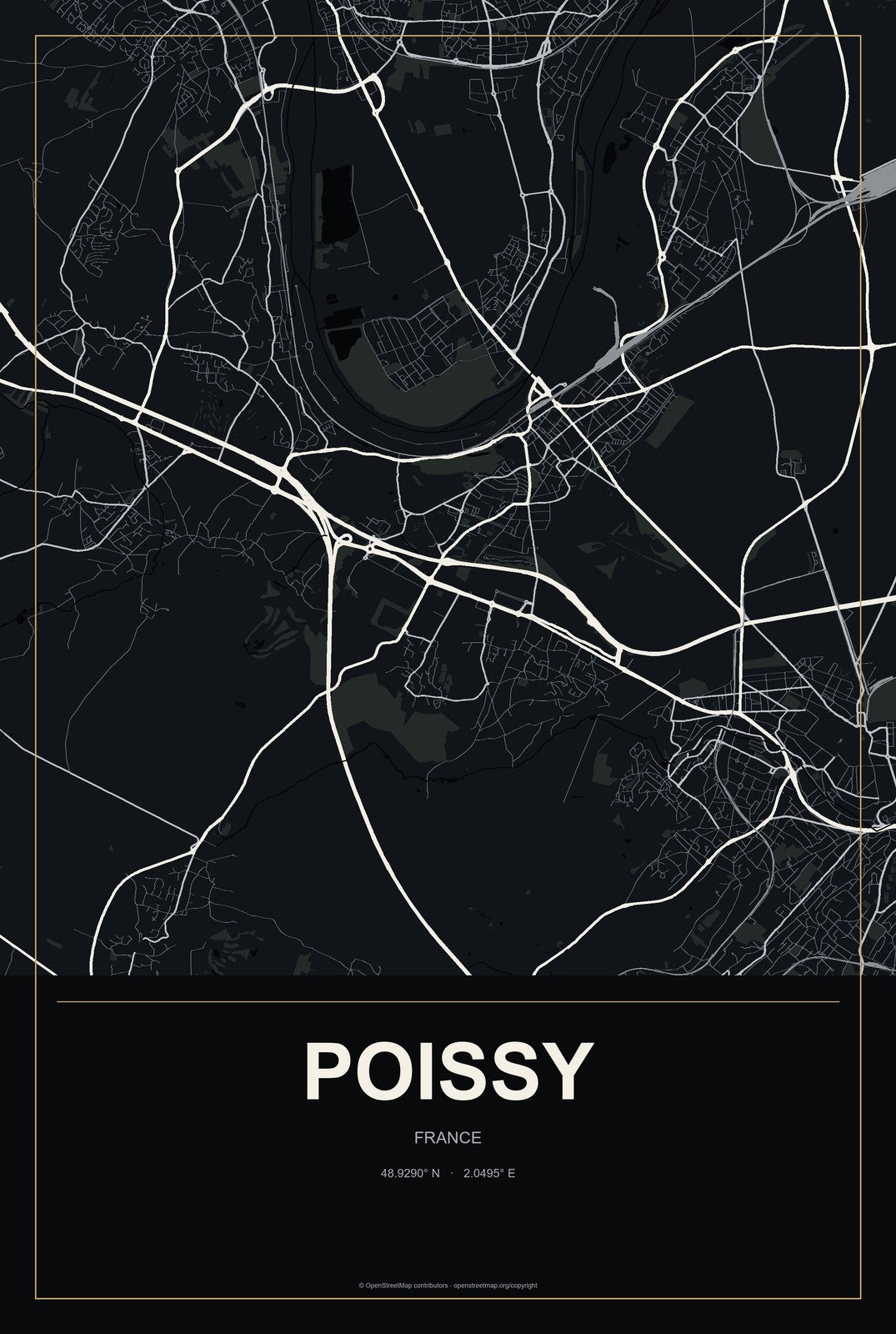 Poissy, France City Map Aluminum Sign in Metropolitan Noir style