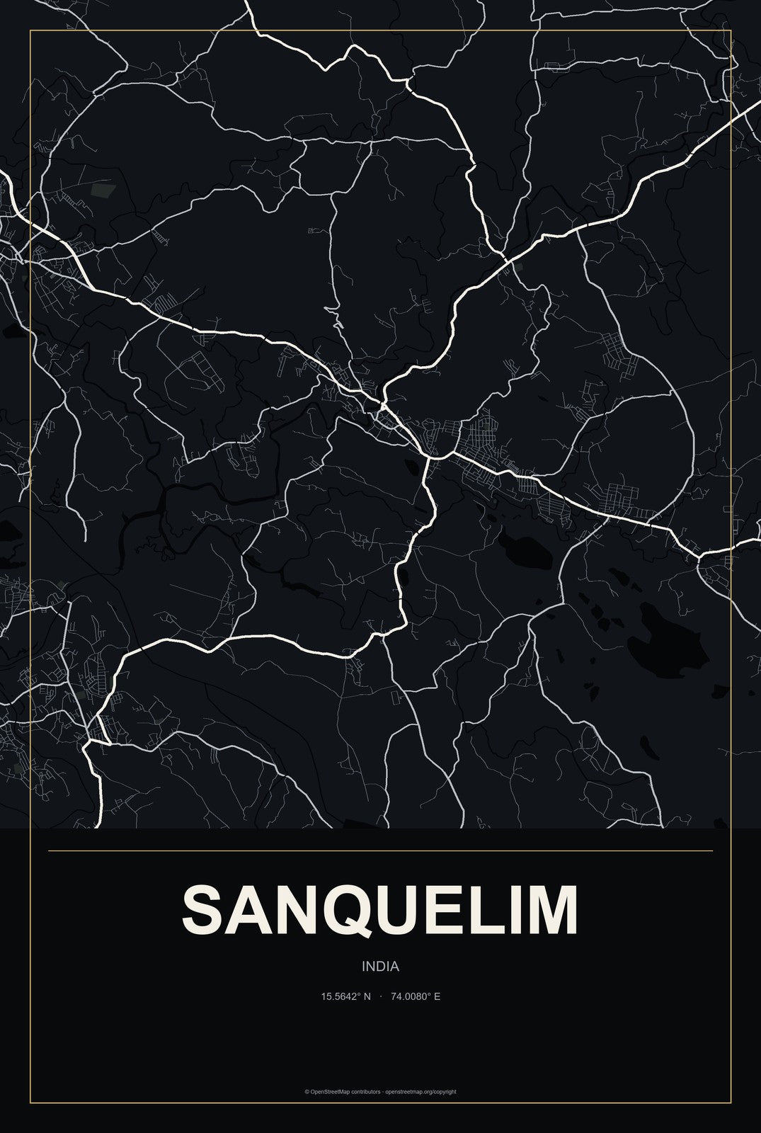 Sanquelim, India City Map Aluminum Sign in Metropolitan Noir style