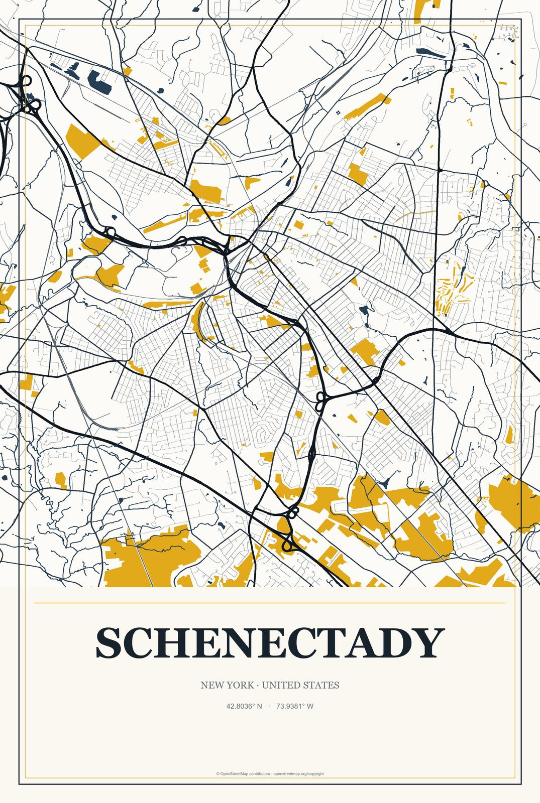 Schenectady, New York City Map Aluminum Sign in Citrine Modern style