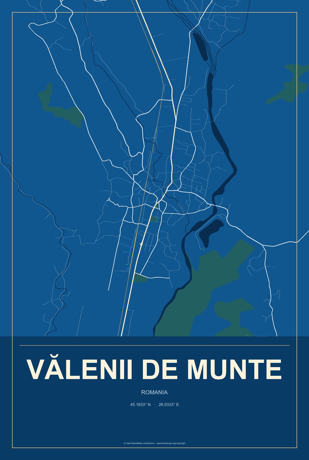 Vălenii de Munte, Romania City Map Aluminum Sign in Harbor Cobalt style