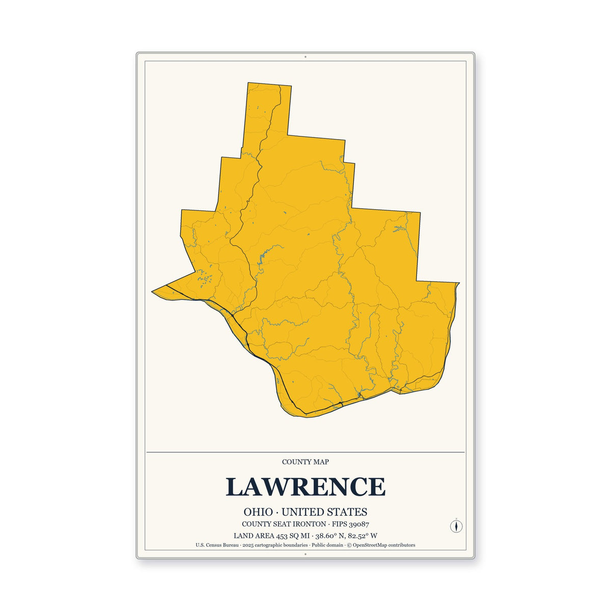 Lawrence County, Ohio Map Aluminum Sign in Citrine Modern style