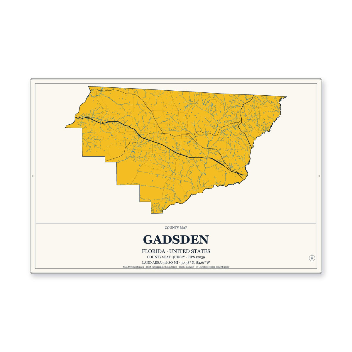 Gadsden County, Florida Map Aluminum Sign in Citrine Modern style