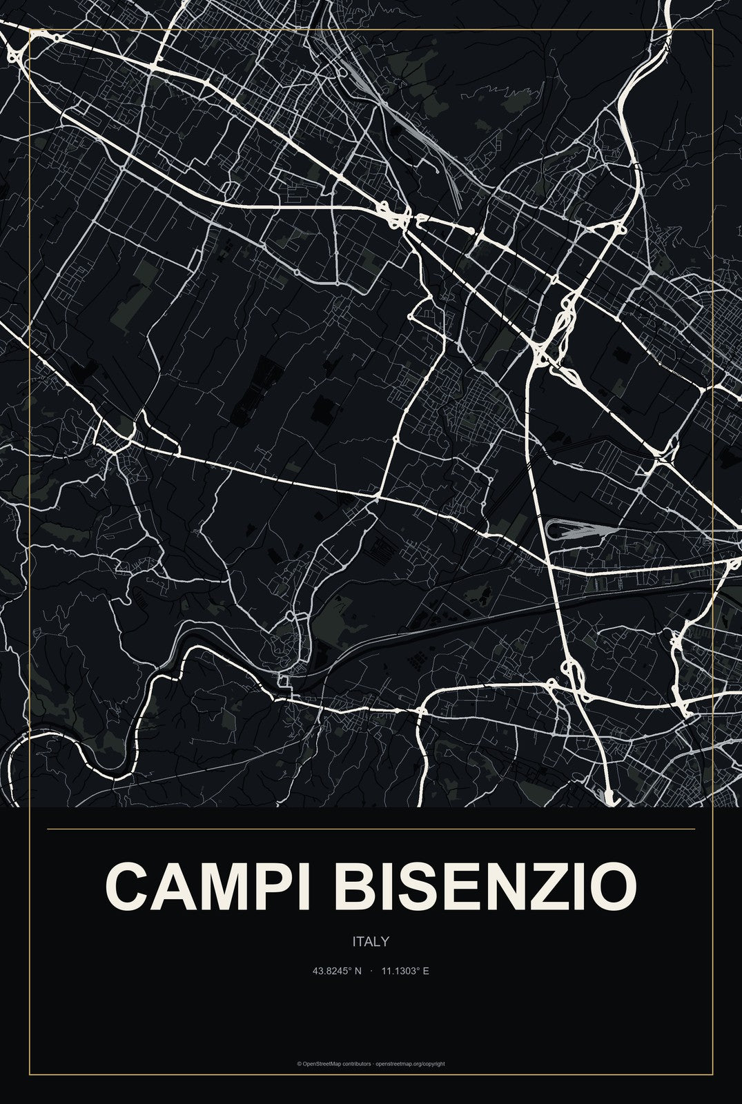 Campi Bisenzio, Italy City Map Aluminum Sign in Metropolitan Noir style