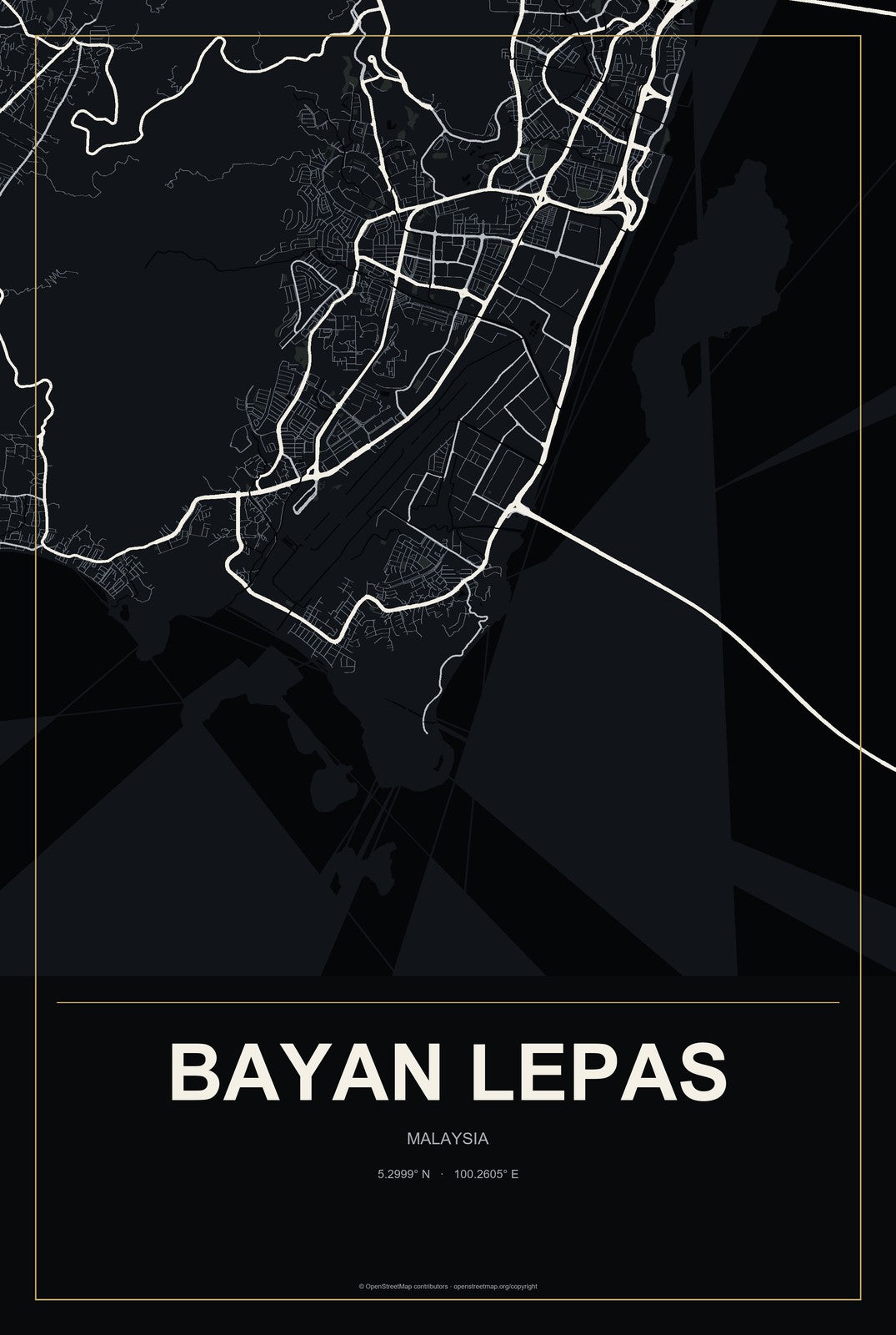 Bayan Lepas, Malaysia City Map Aluminum Sign in Metropolitan Noir style