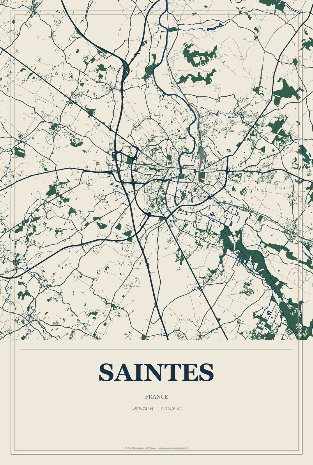 Saintes, France City Map Aluminum Sign in Coastal Cutout style