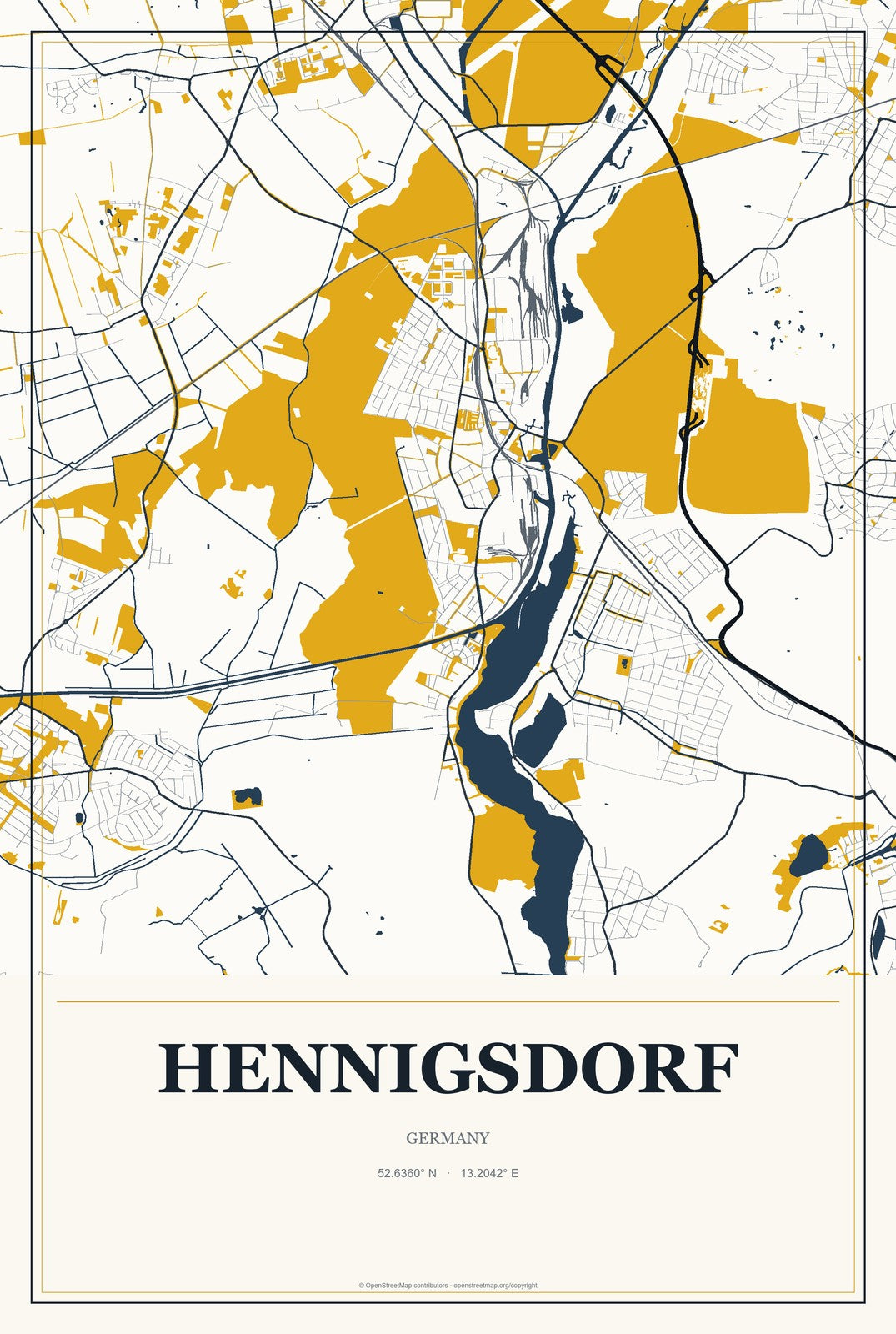 Hennigsdorf, Germany City Map Aluminum Sign in Citrine Modern style