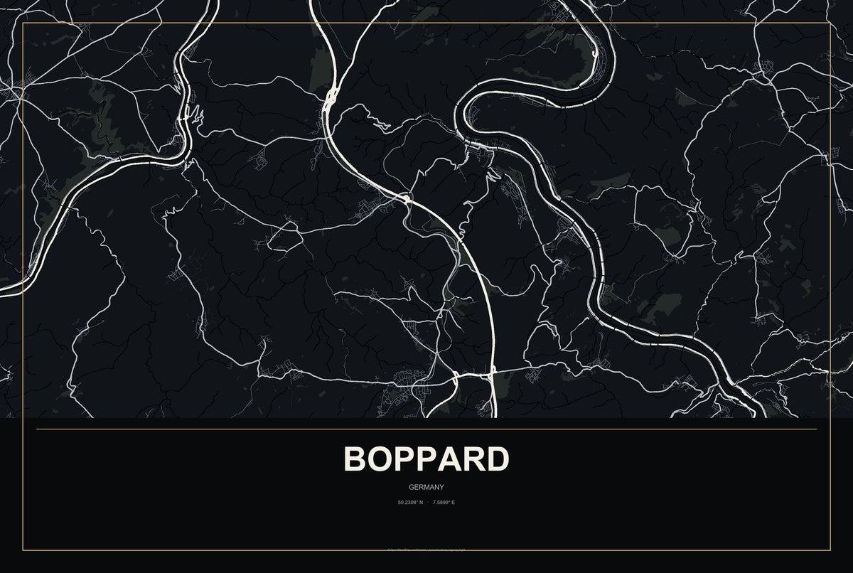 Boppard, Germany City Map Aluminum Sign in Metropolitan Noir style