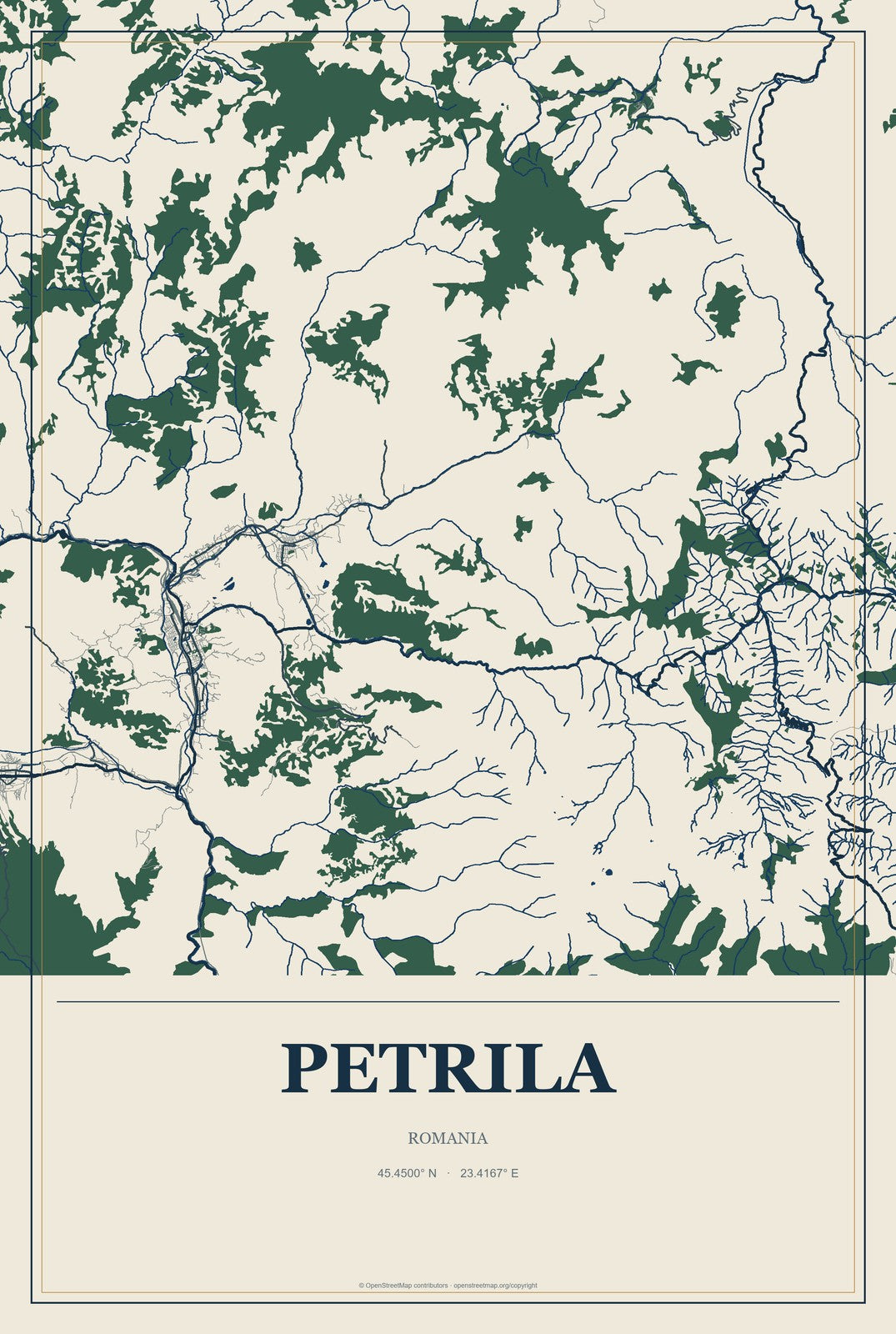 Petrila, Romania City Map Aluminum Sign in Coastal Cutout style