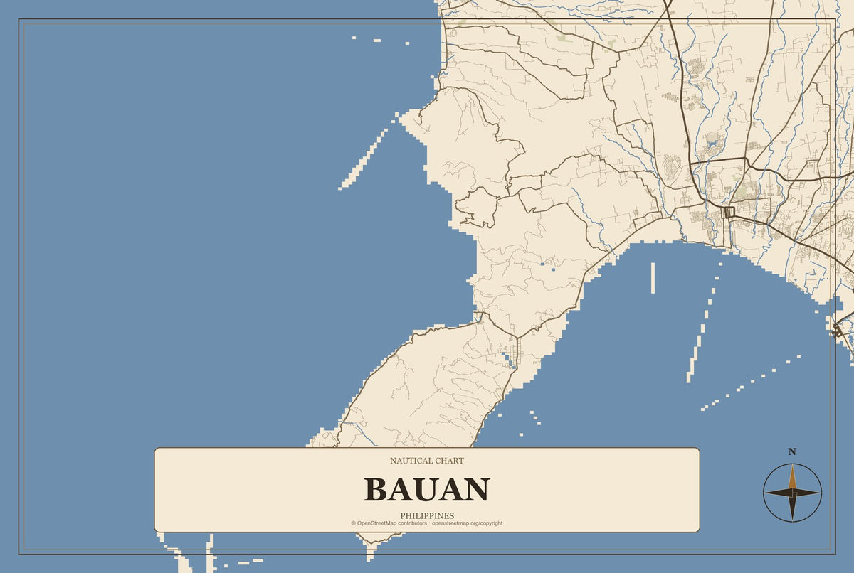 Bauan, Philippines City Map Aluminum Sign in Heritage Nautical style