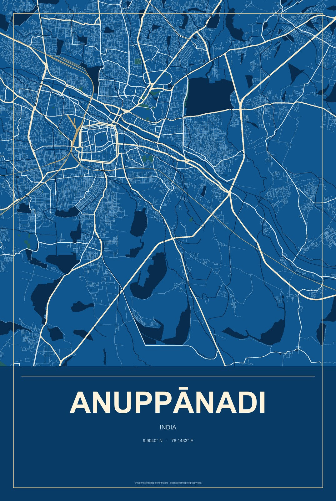 Anuppānadi, India City Map Aluminum Sign in Harbor Cobalt style