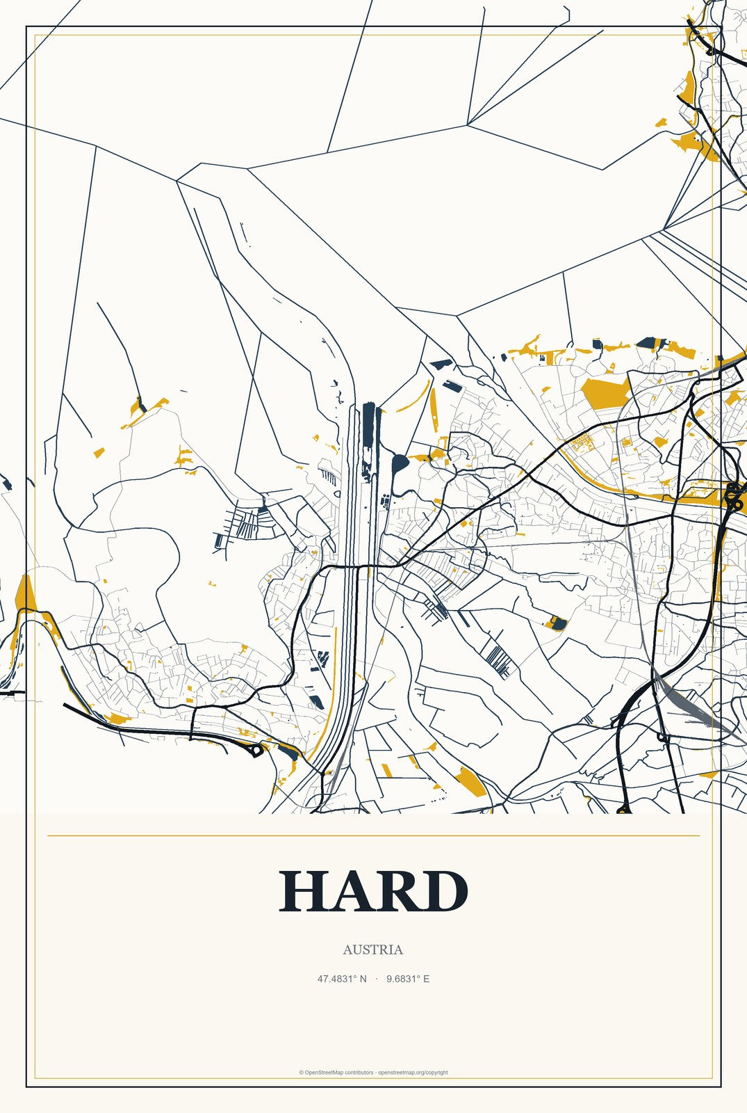 Hard, Austria City Map Aluminum Sign in Citrine Modern style