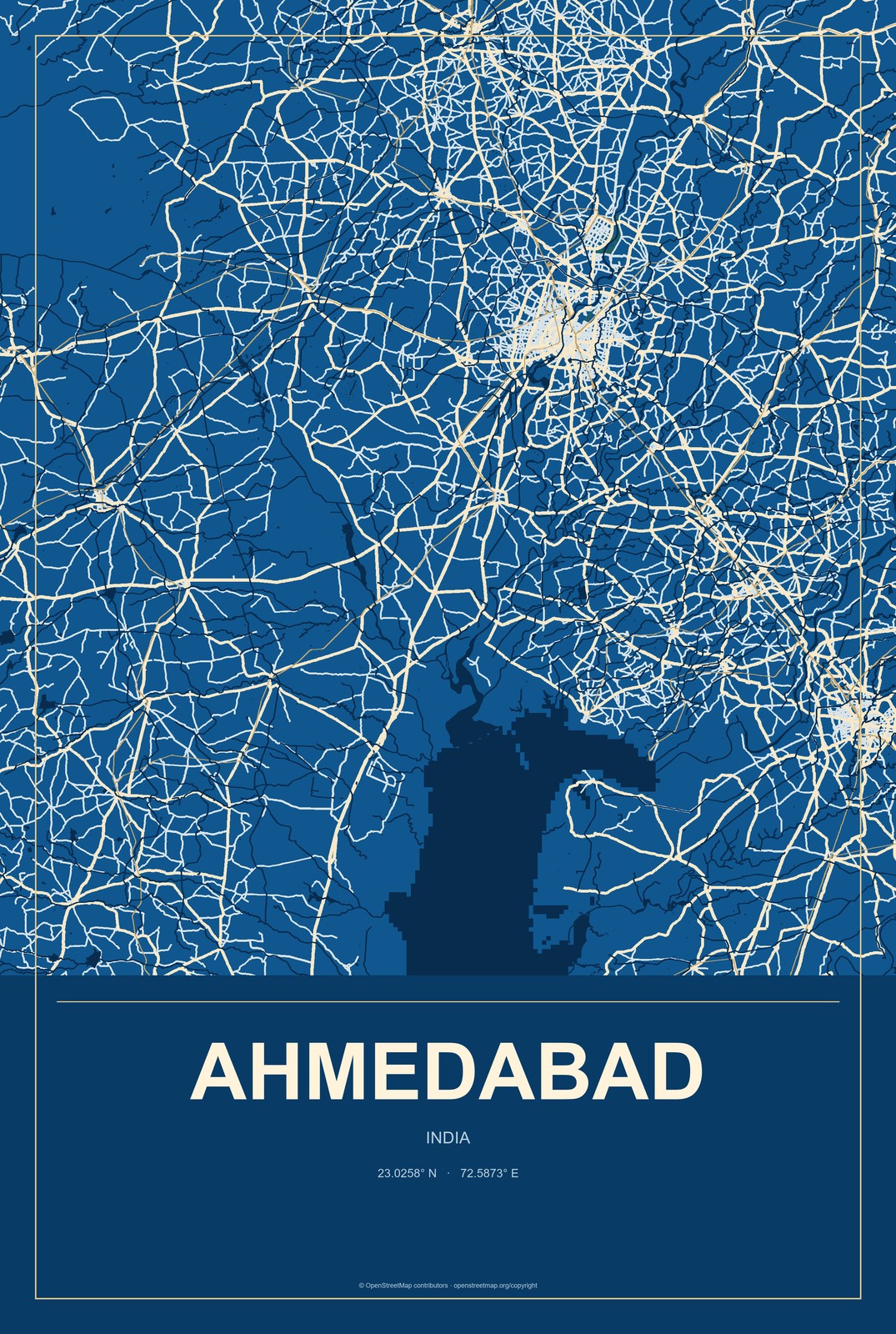 Ahmedabad, India City Map Aluminum Sign in Harbor Cobalt style