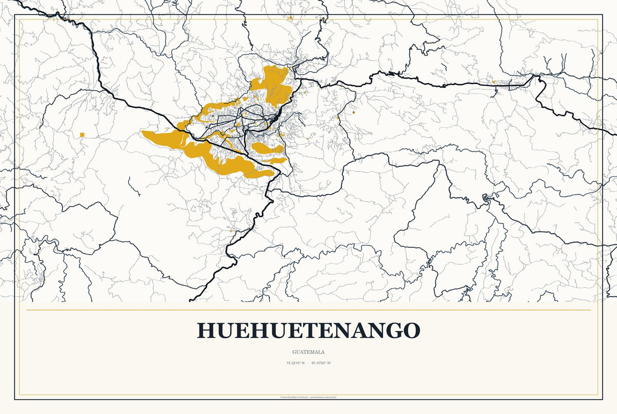 Huehuetenango, Guatemala City Map Aluminum Sign in Citrine Modern style