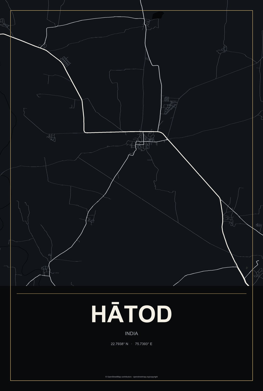 Hātod, India City Map Aluminum Sign in Metropolitan Noir style