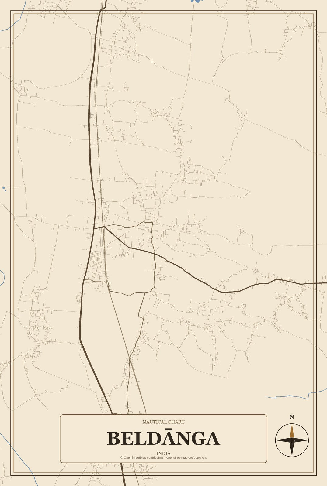Beldānga, India City Map Aluminum Sign in Heritage Nautical style
