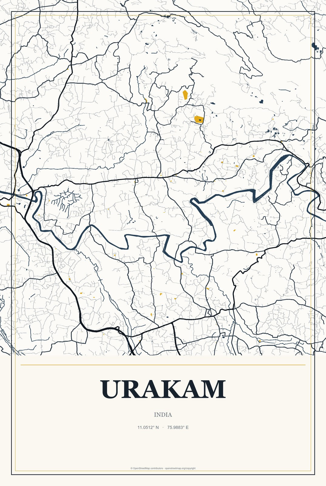 Urakam, India City Map Aluminum Sign in Citrine Modern style