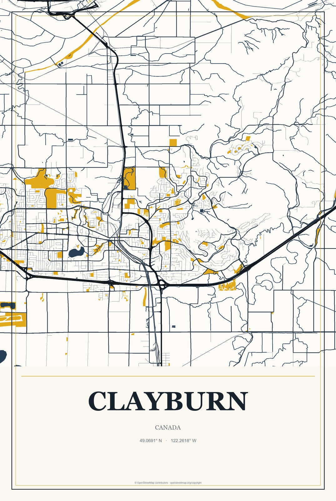 Clayburn, Canada City Map Aluminum Sign in Citrine Modern style