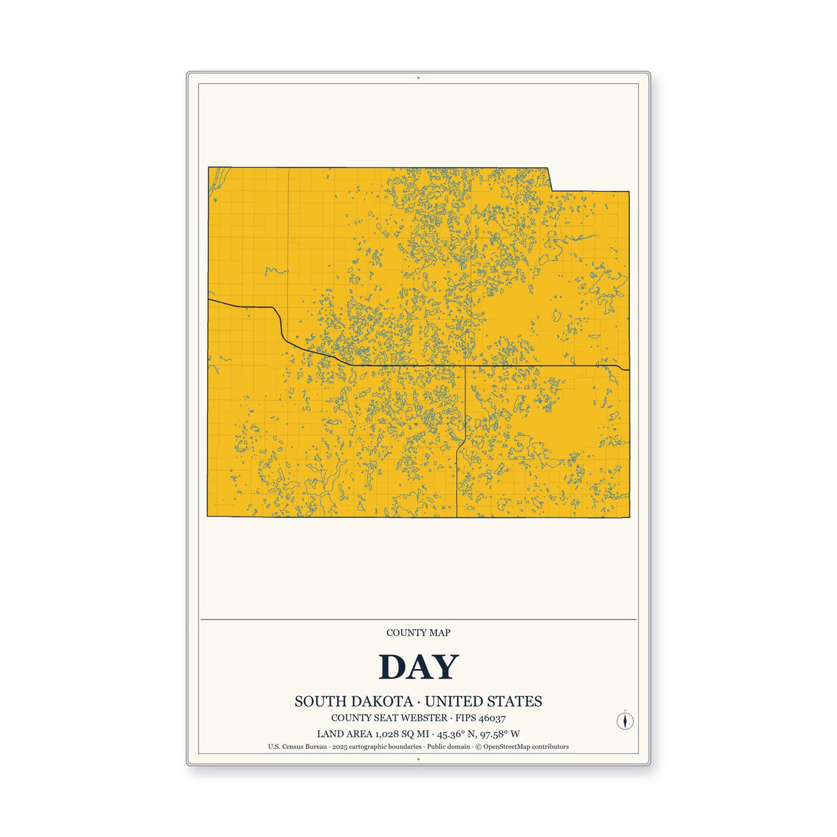 Day County, South Dakota Map Aluminum Sign in Citrine Modern style