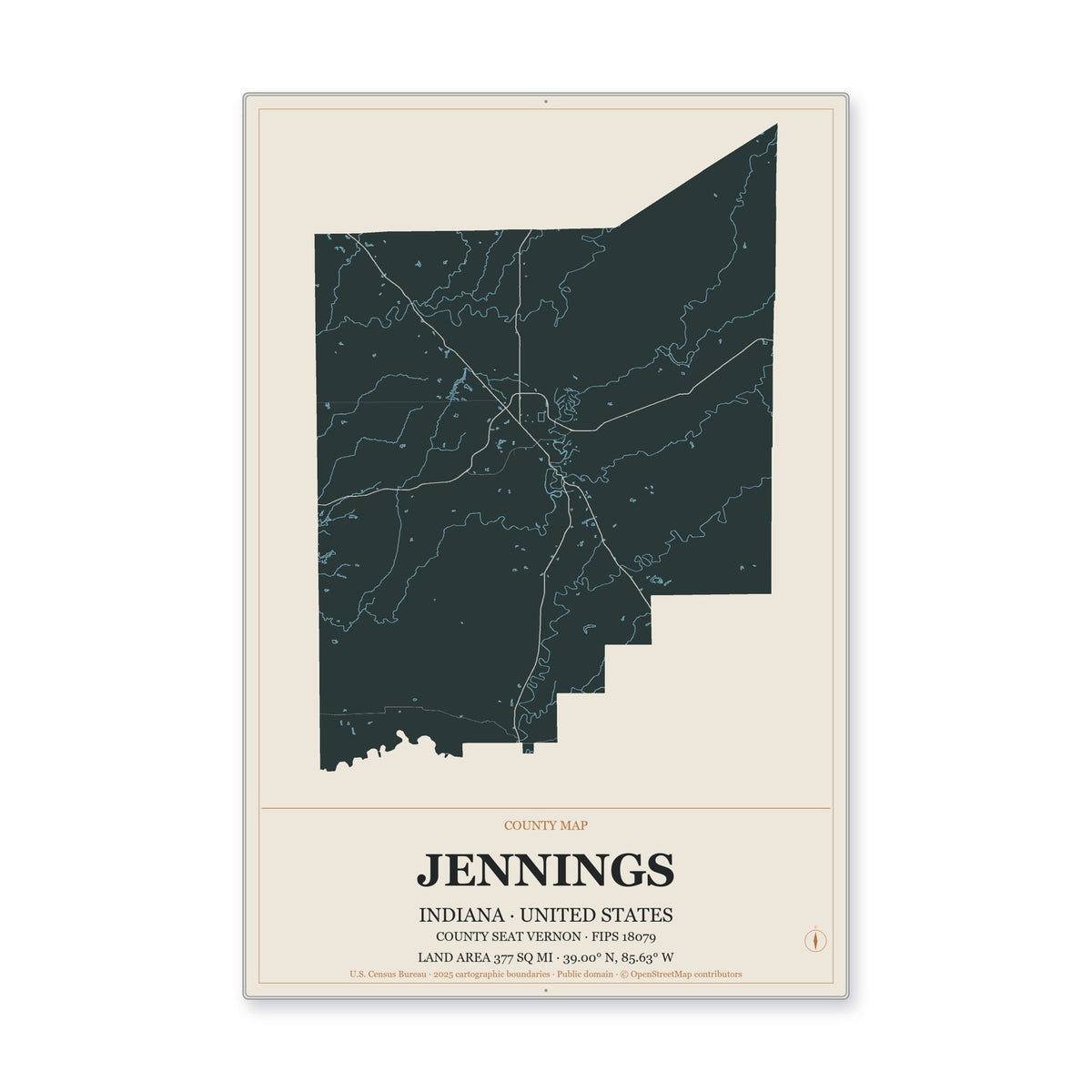 Jennings County, Indiana Map Aluminum Sign in Headline Atlas style