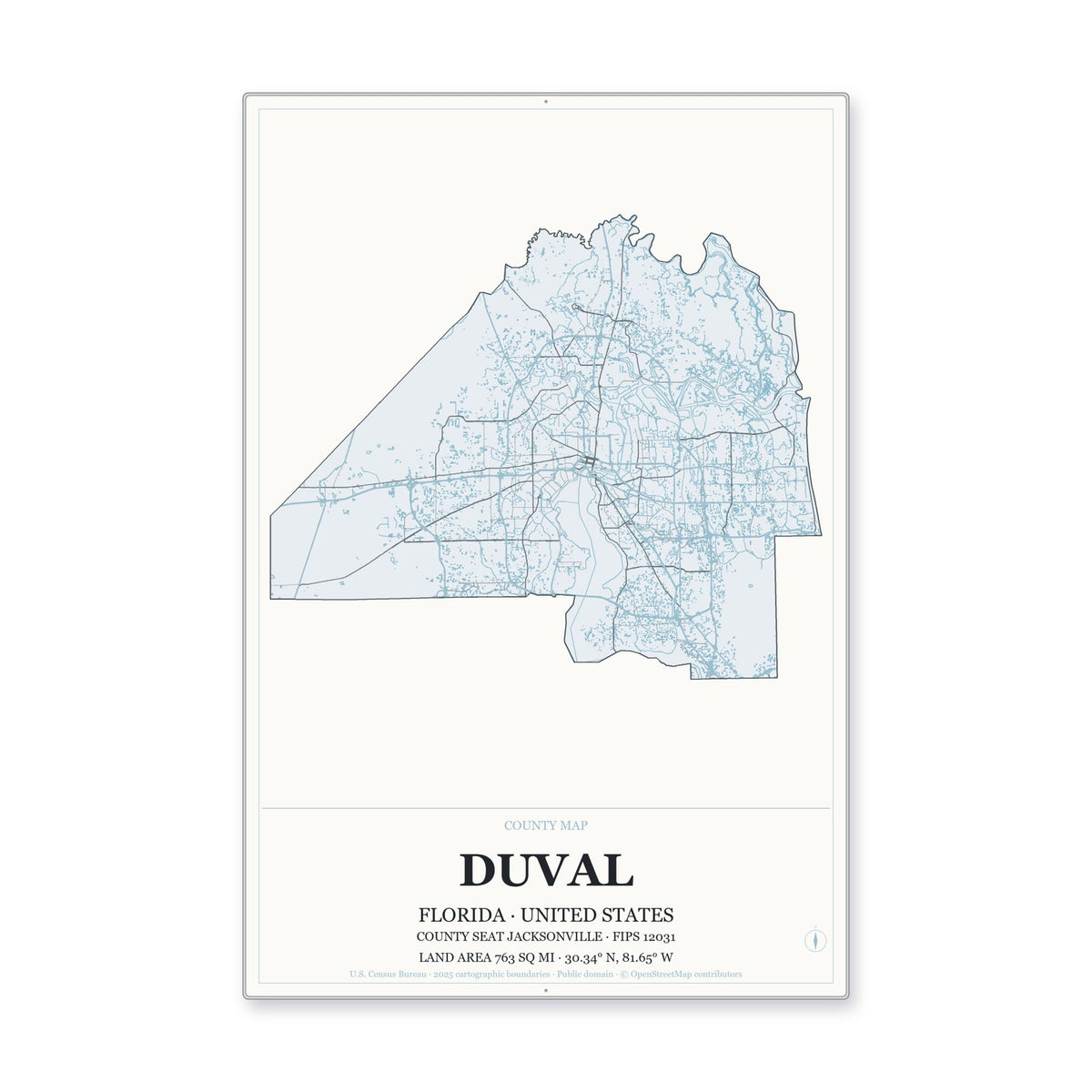 Duval County, Florida Map Aluminum Sign in Gallery Air style