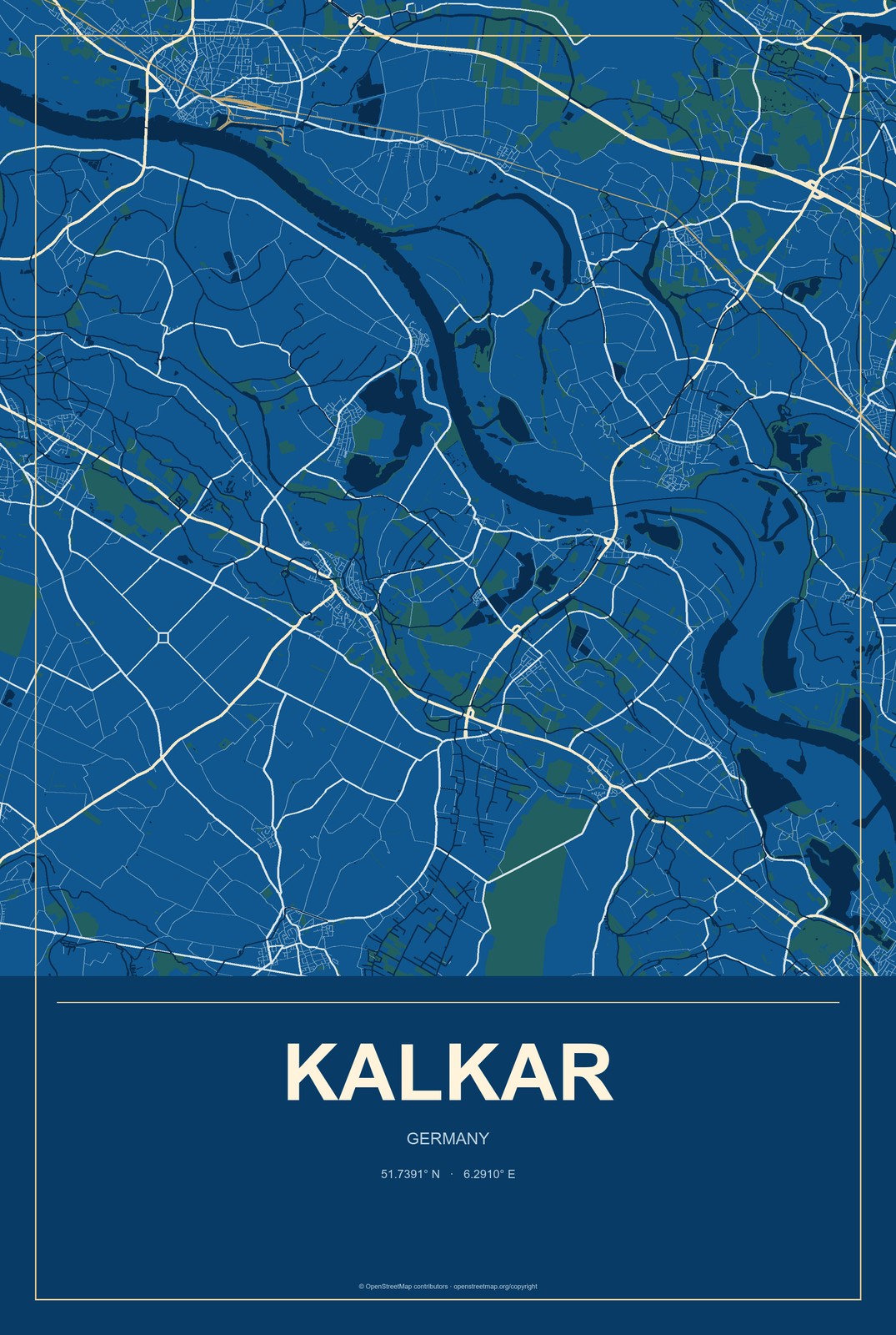 Kalkar, Germany City Map Aluminum Sign in Harbor Cobalt style