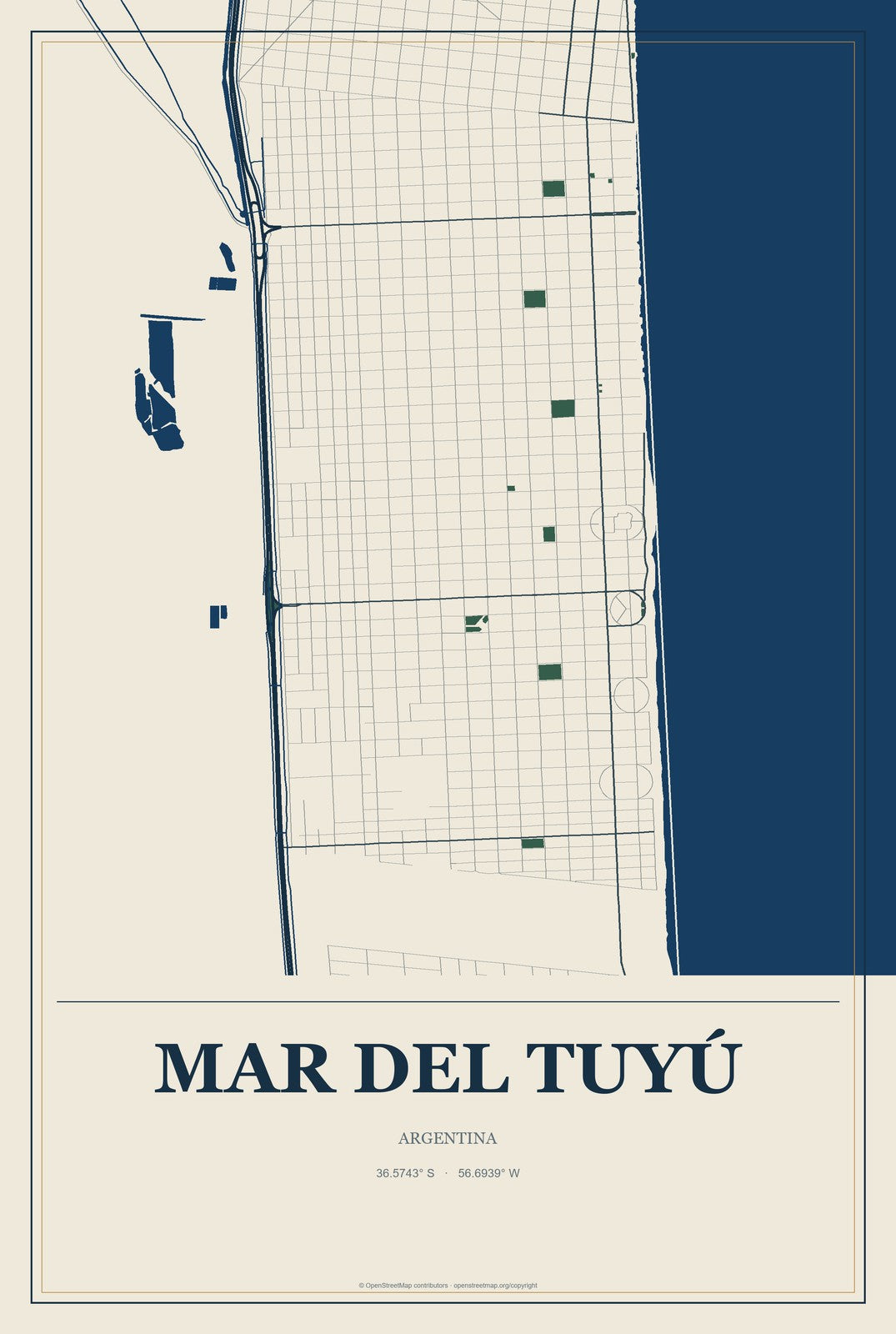 Mar del Tuyú, Argentina City Map Aluminum Sign in Coastal Cutout style
