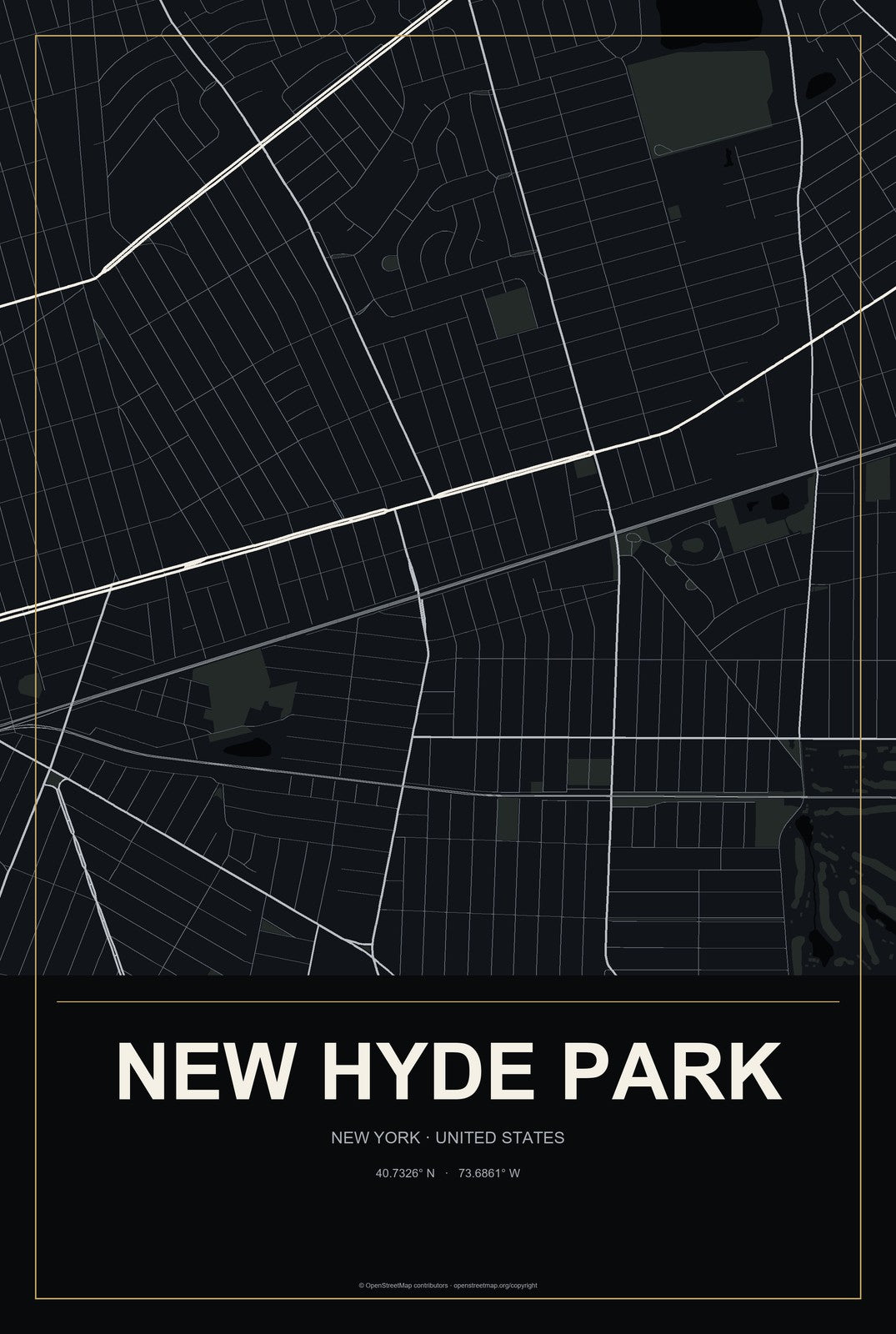 New Hyde Park, New York City Map Aluminum Sign in Metropolitan Noir style