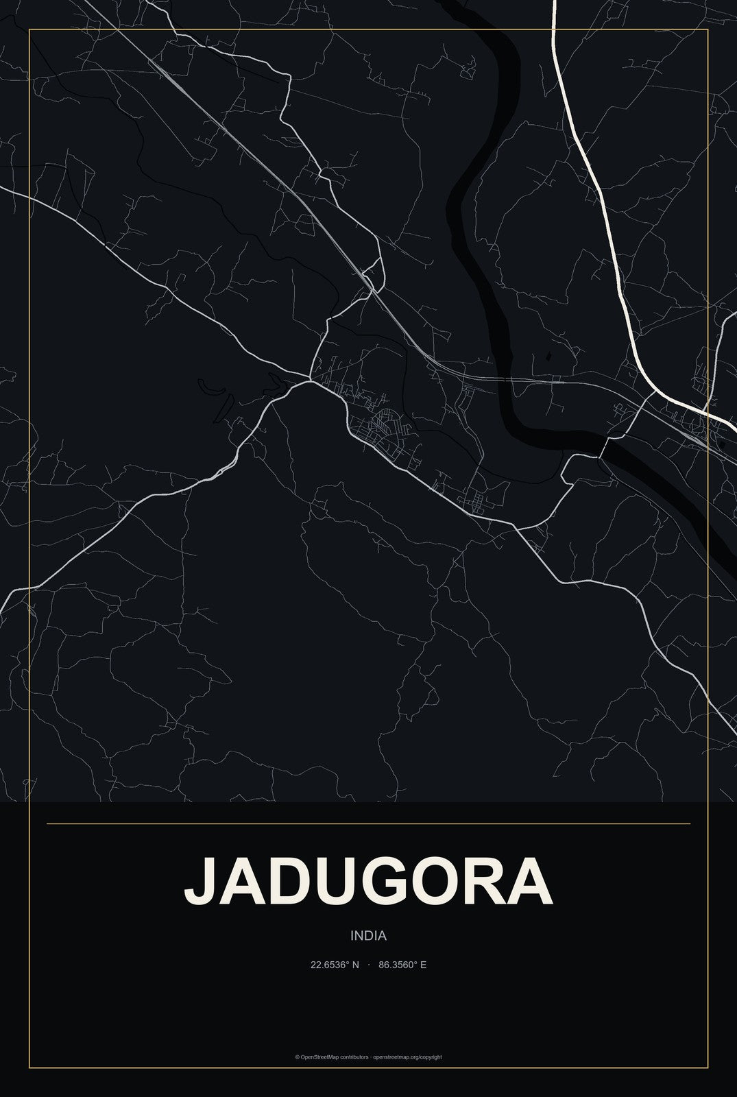 Jadugora, India City Map Aluminum Sign in Metropolitan Noir style