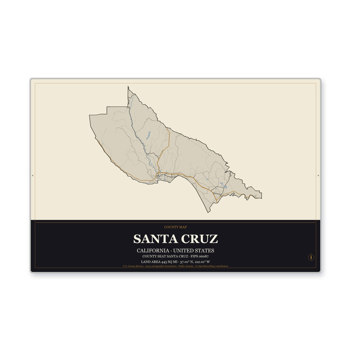 Santa Cruz County, California Map Aluminum Sign in Museum Plaque style