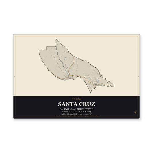 Santa Cruz County, California Map Aluminum Sign in Museum Plaque style