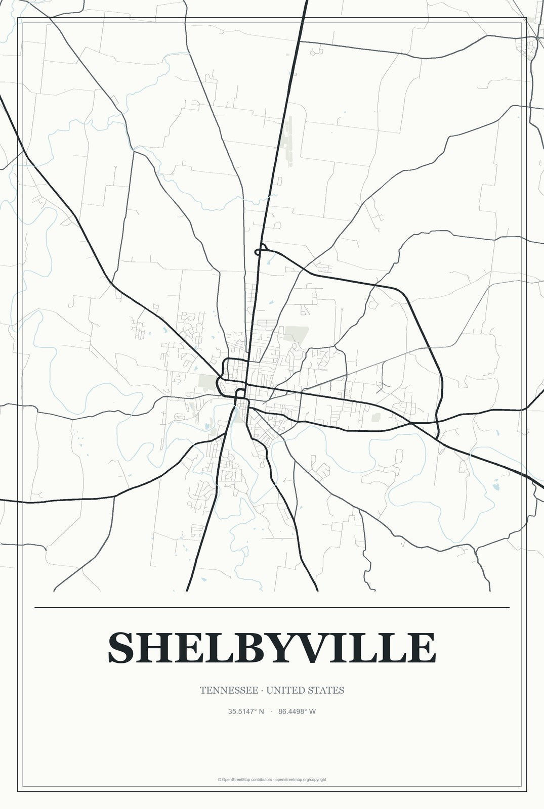 Shelbyville, Tennessee City Map Aluminum Sign in Gallery Air style