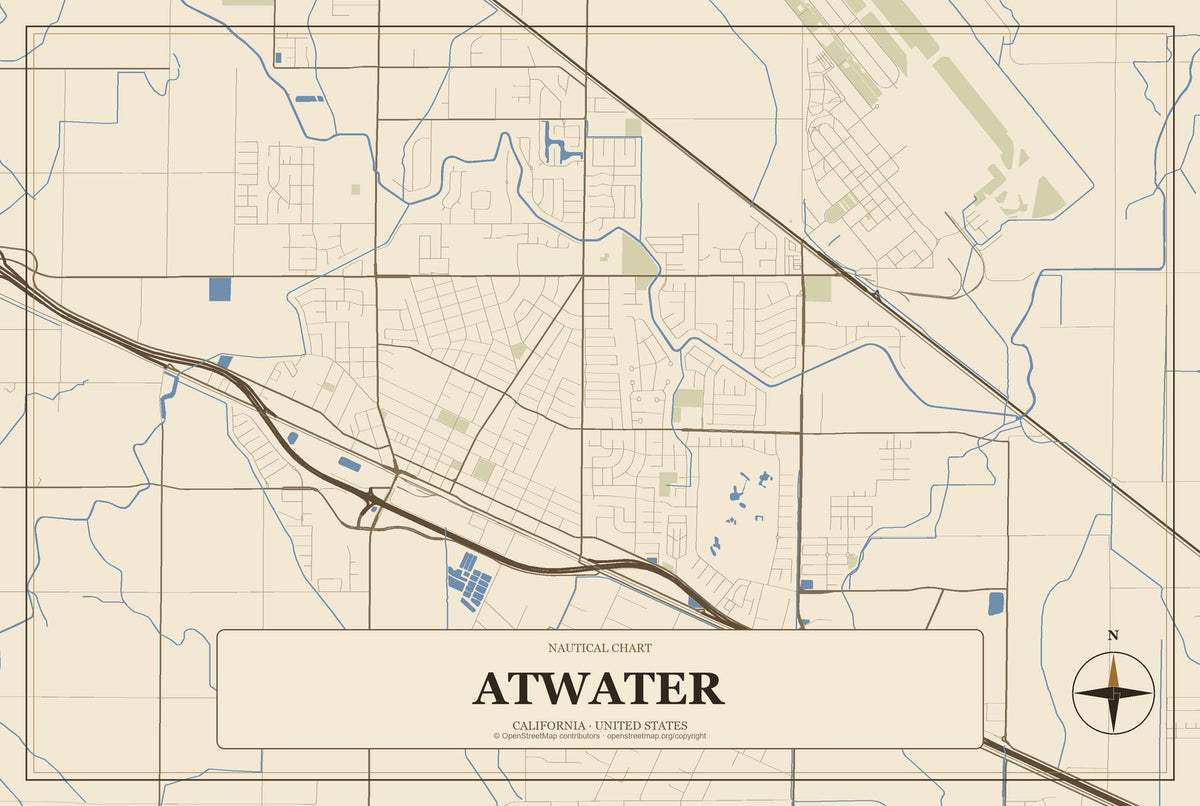 Atwater, California City Map Aluminum Sign in Heritage Nautical style