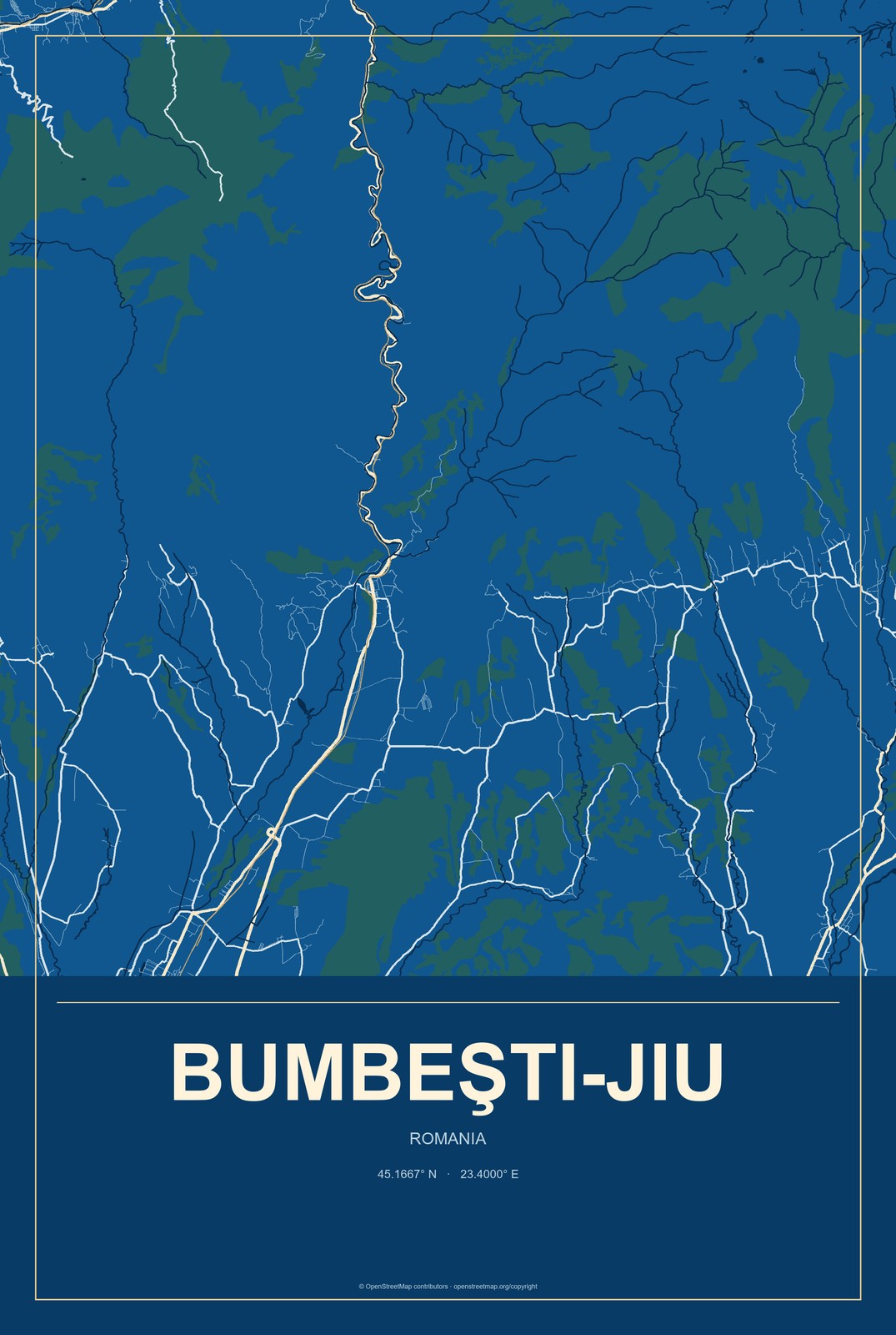 Bumbeşti-Jiu, Romania City Map Aluminum Sign in Harbor Cobalt style
