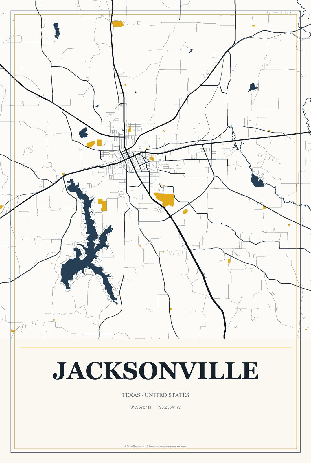 Jacksonville, Texas City Map Aluminum Sign in Citrine Modern style