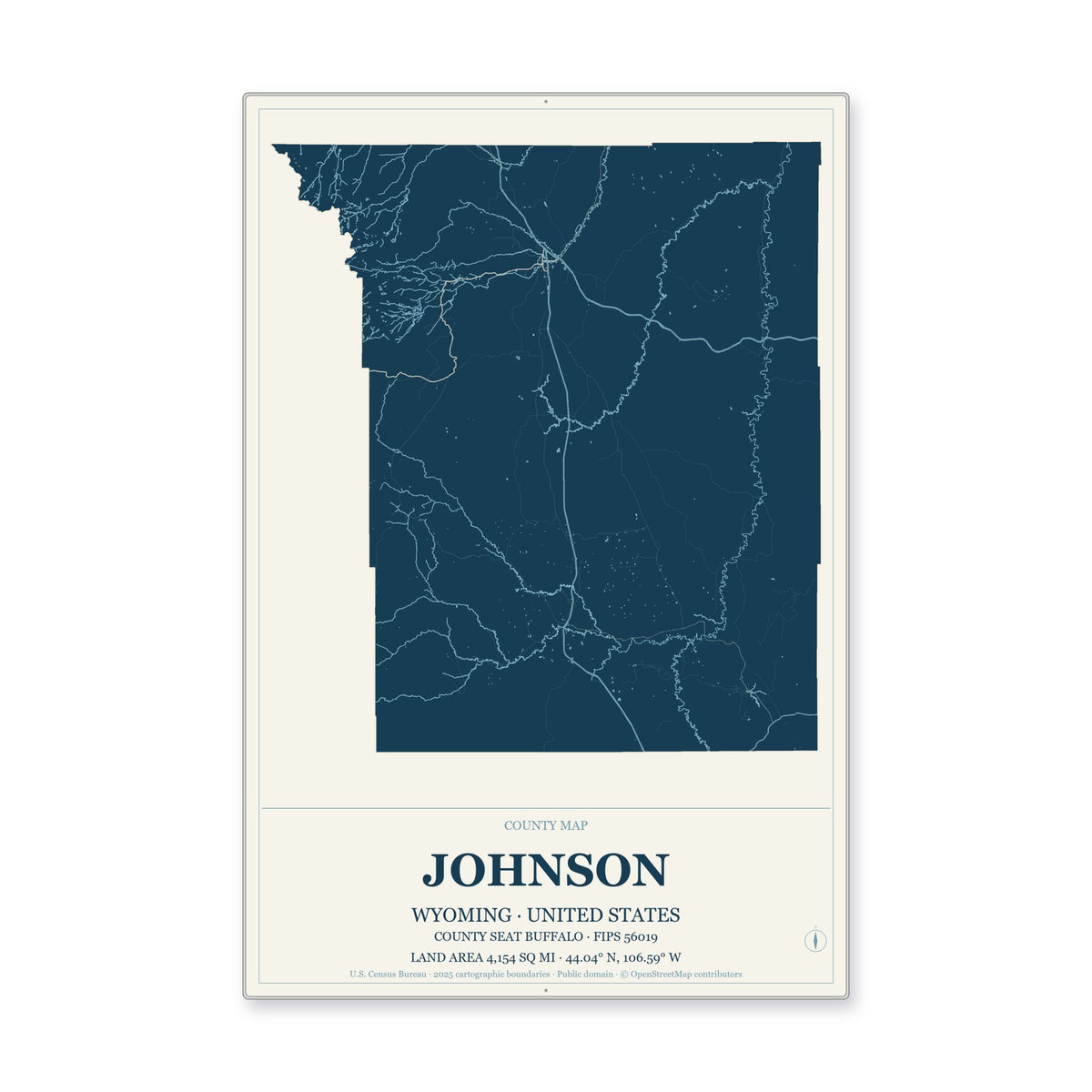 Johnson County, Wyoming Map Aluminum Sign in Coastal Cutout style