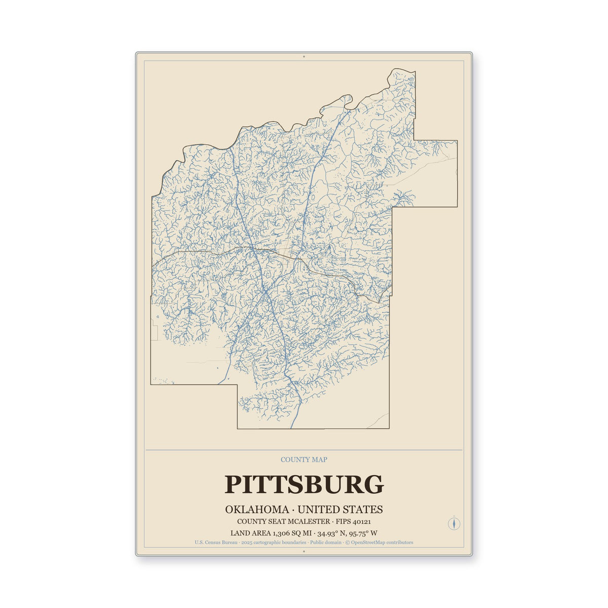 Pittsburg County, Oklahoma Map Aluminum Sign in Heritage Nautical style