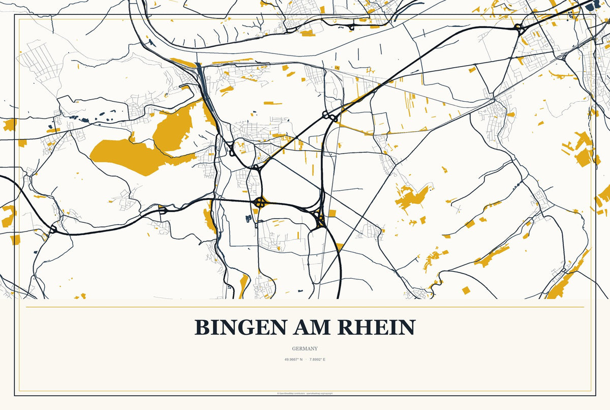 Bingen am Rhein, Germany City Map Aluminum Sign in Citrine Modern style