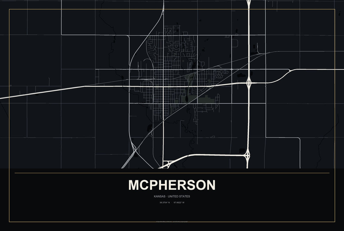 McPherson, Kansas City Map Aluminum Sign in Metropolitan Noir style