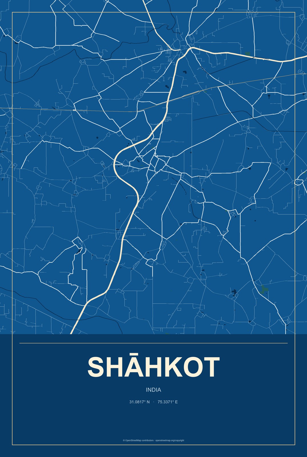 Shāhkot, India City Map Aluminum Sign in Harbor Cobalt style