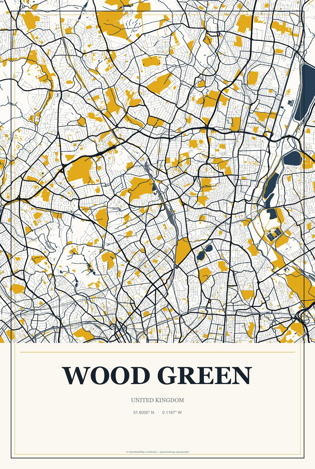 Wood Green, United Kingdom City Map Aluminum Sign in Citrine Modern style