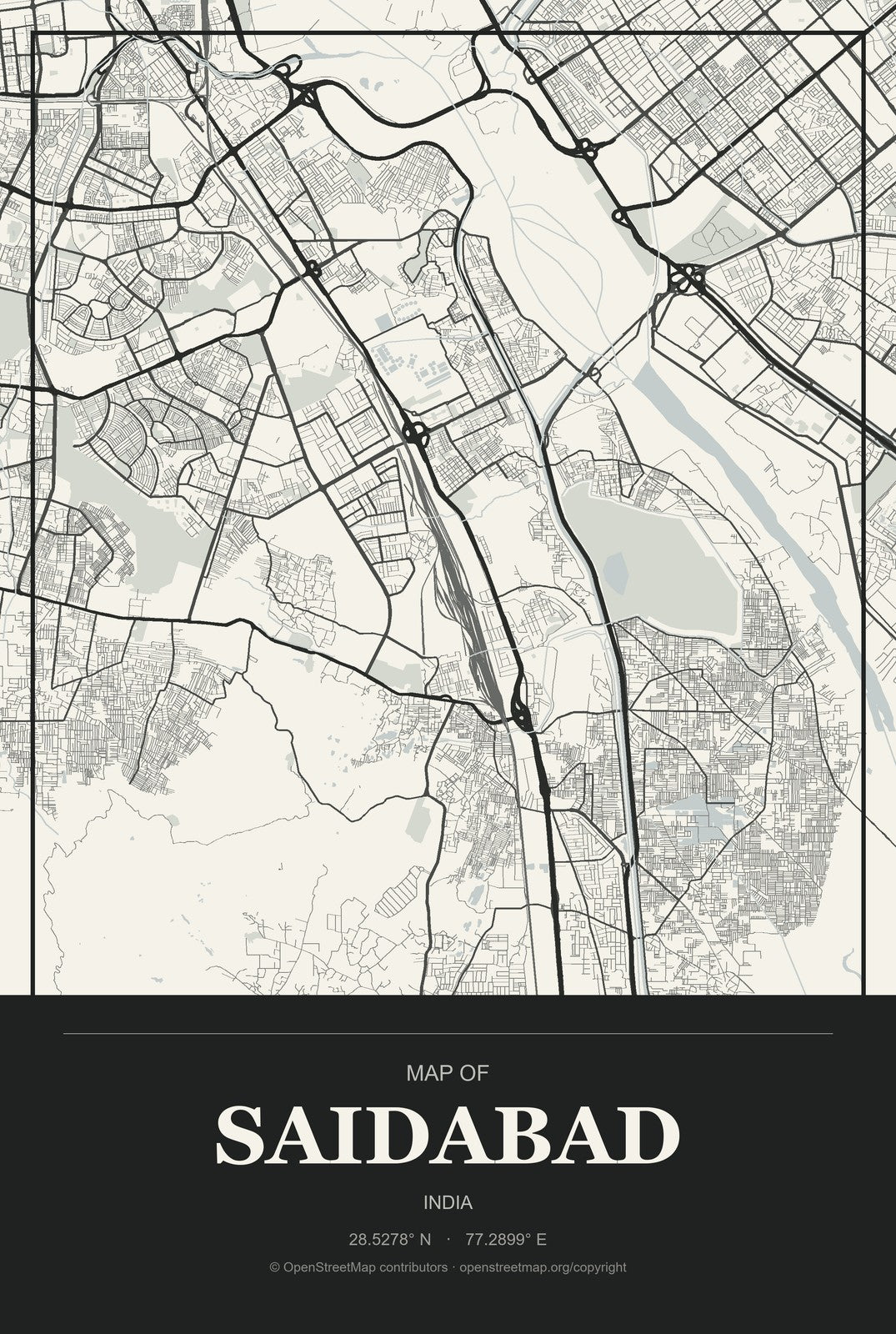 Saidabad, India City Map Aluminum Sign in Museum Plaque style