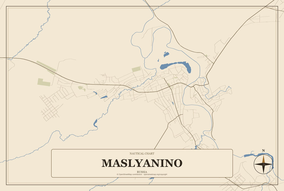 Maslyanino, Russia City Map Aluminum Sign in Heritage Nautical style