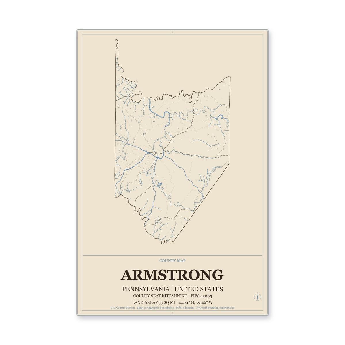 Armstrong County, Pennsylvania Map Aluminum Sign in Heritage Nautical style