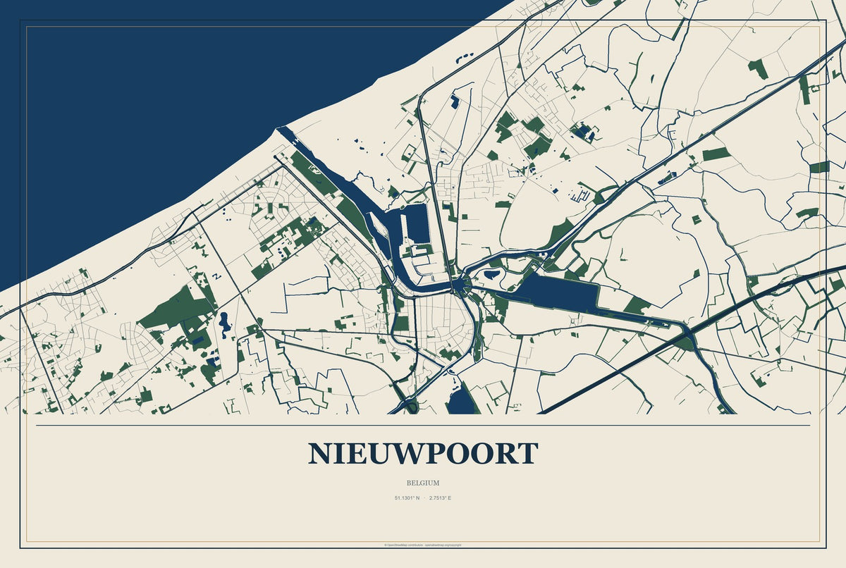 Nieuwpoort, Belgium City Map Aluminum Sign in Coastal Cutout style