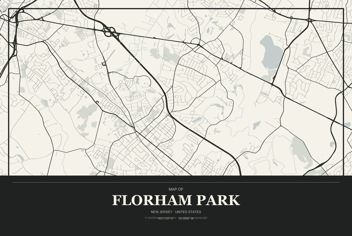 Florham Park, New Jersey City Map Aluminum Sign in Museum Plaque style