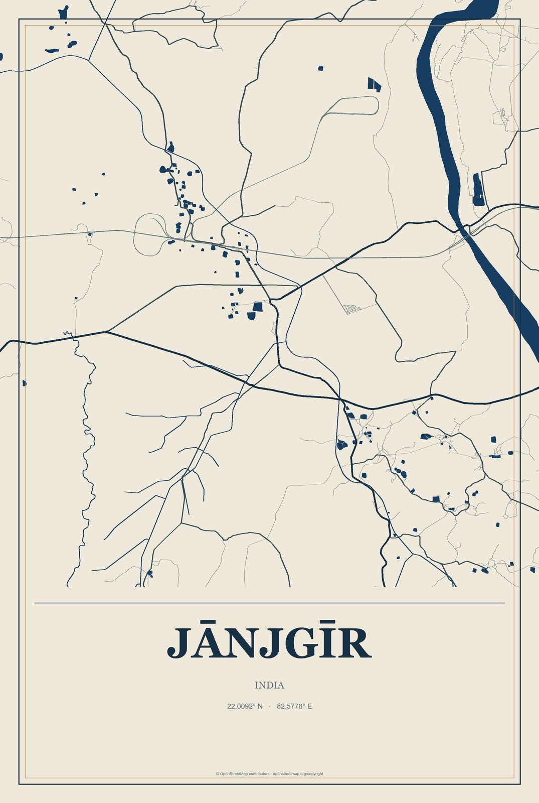 Jānjgīr, India City Map Aluminum Sign in Coastal Cutout style